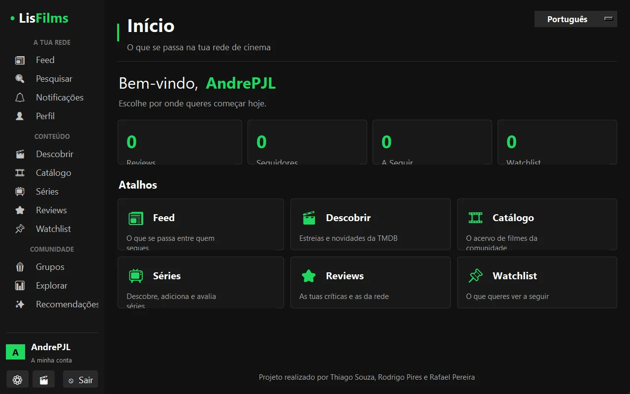 Ecrã principal da aplicação LisFilms